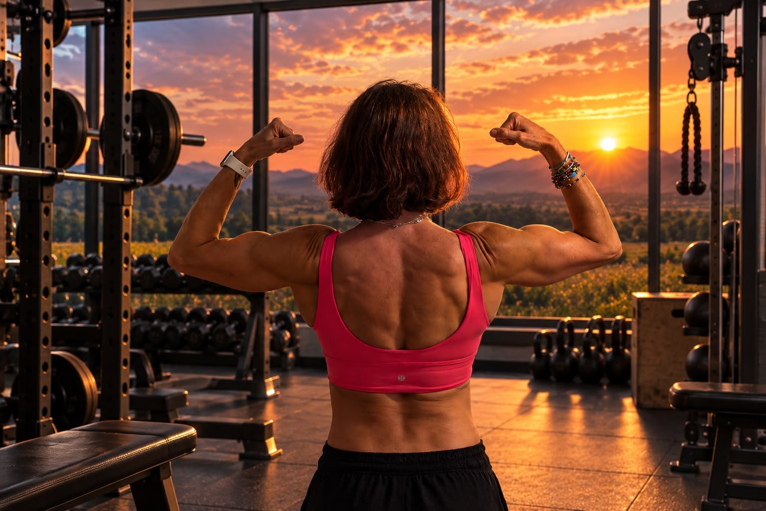Lauren flexing in the gym in front of a sunset over the mountains