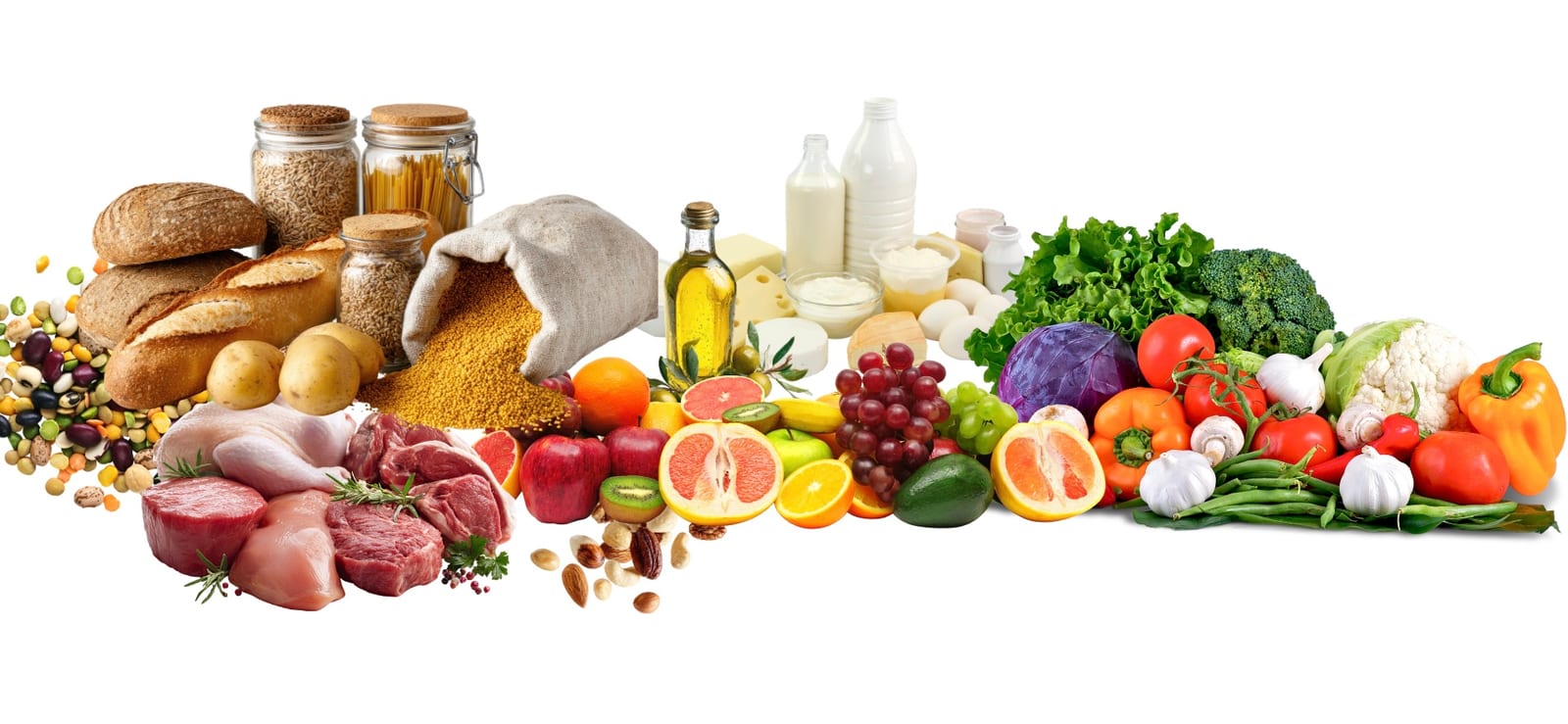 A spread of everyday food — bread, grains, beans, meat, olive oil, dairy, eggs, fruit, nuts and vegetables